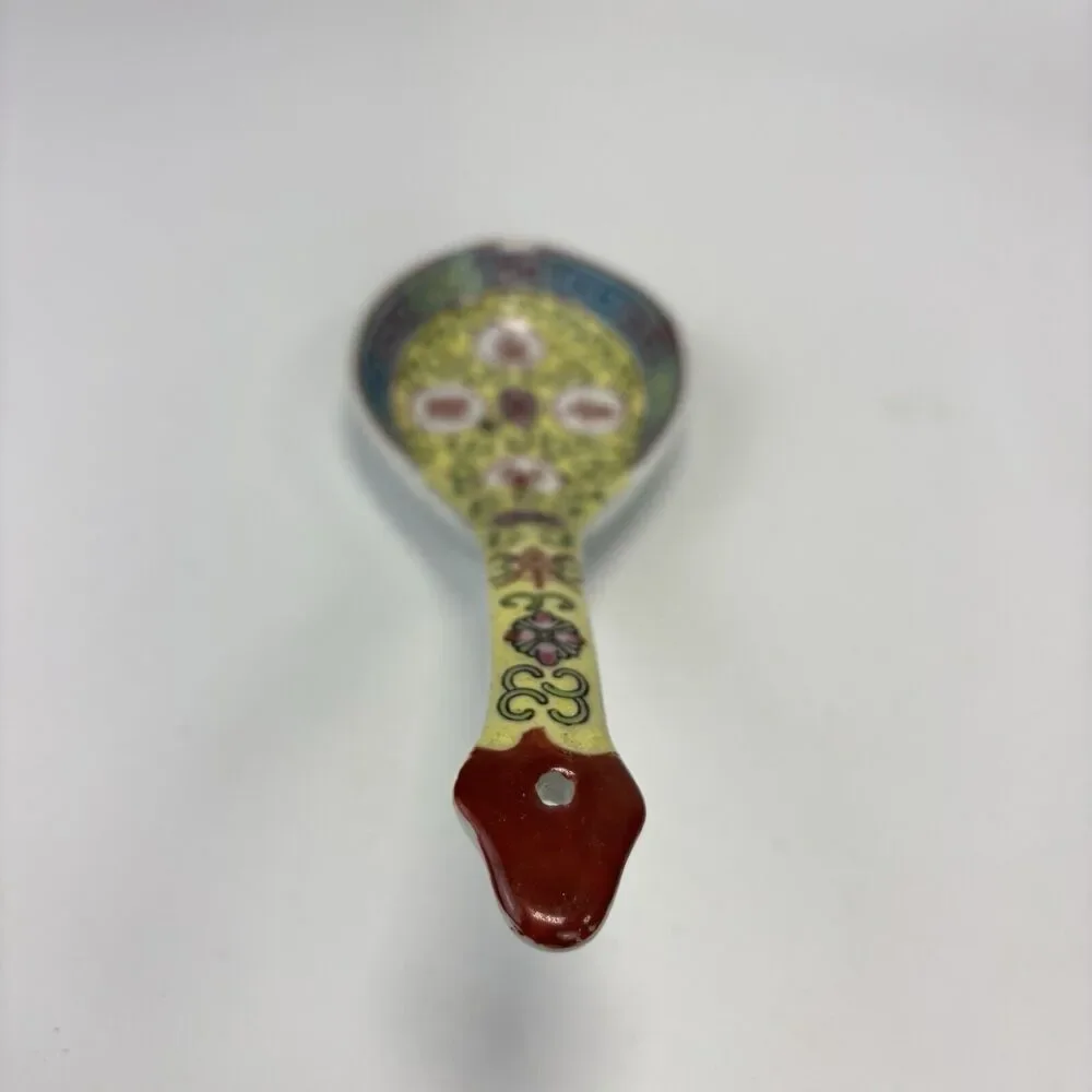 Vintage MUN SHOU LONGEVITY Yellow Porcelain Jingezhen Soup Spoon 8” 50s‎ 60s